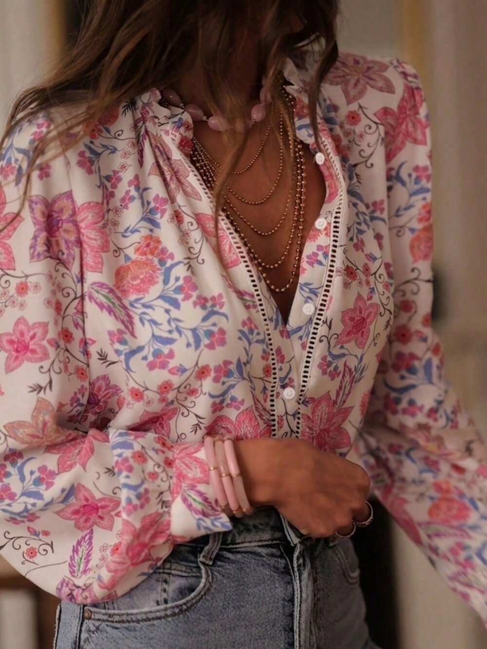 Pink Boho Women's Floral Print Button Up Blouse - Picture 3 of 3